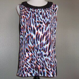 August Silk Women's Tank Top Black Beaded Animal Print Sleeveless sz L
